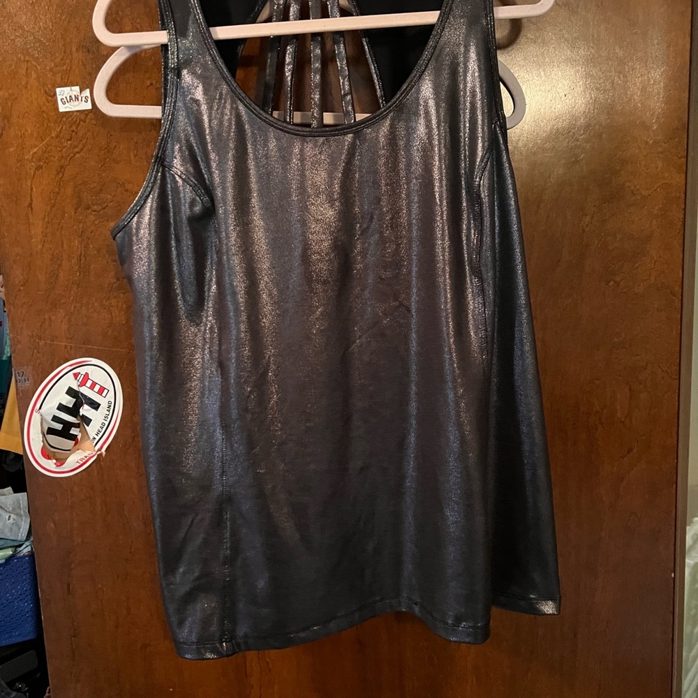 LIVI Active Shiny Dark Silver Pewter Metallic Tank Cage Cutout Back Size 18/20